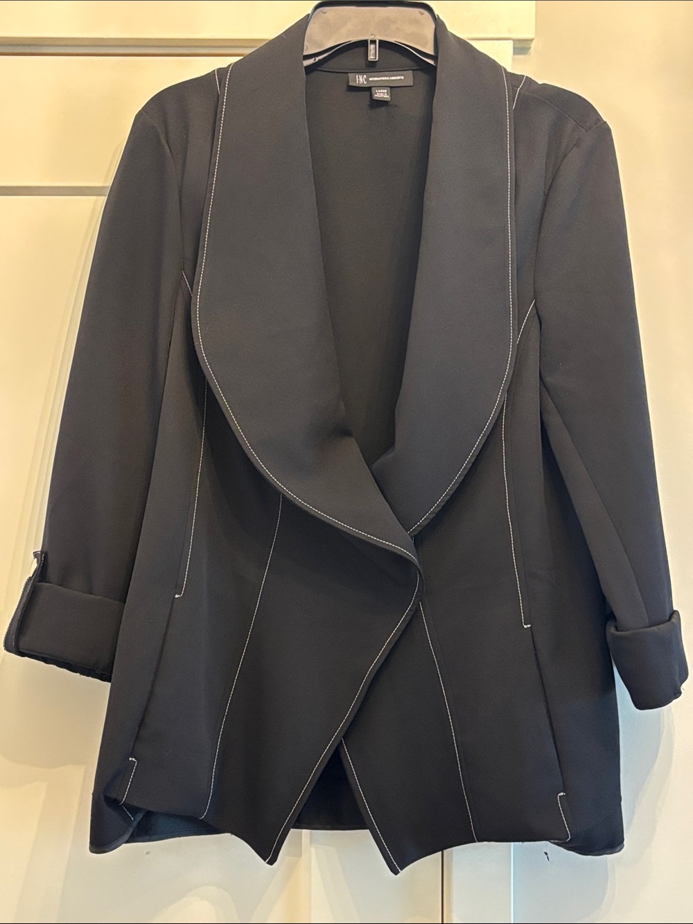INC International ConceptsBlack Open-Front Draped Blazer with Contrast Stitching